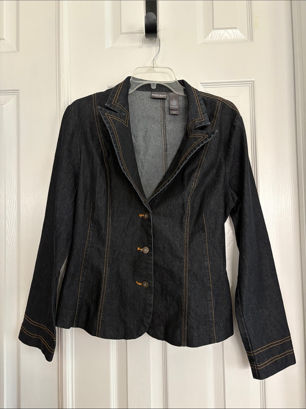 Bisou Bisou By Michele Bohbot Women’s topstitch Dark Denim Blazer Jacket Size 16